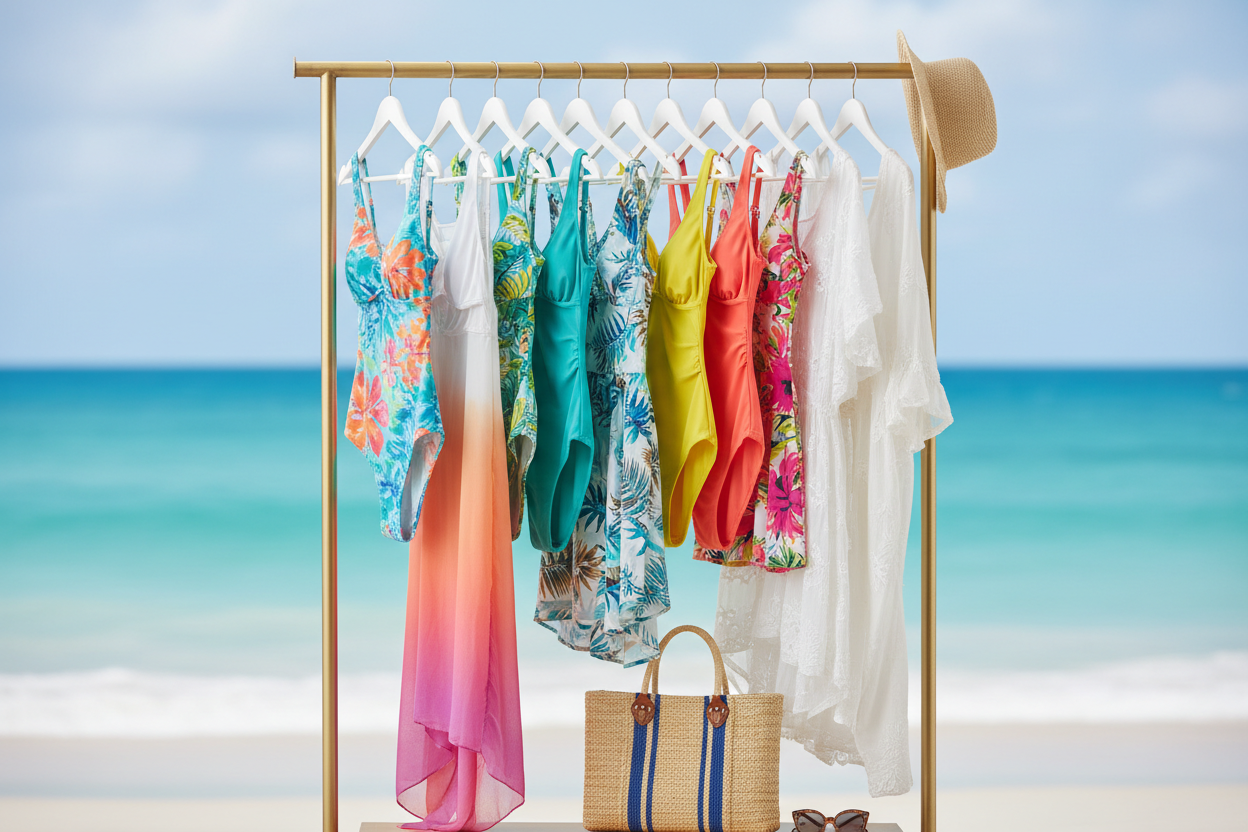 rack with summer clothing beachwear and bathing suits